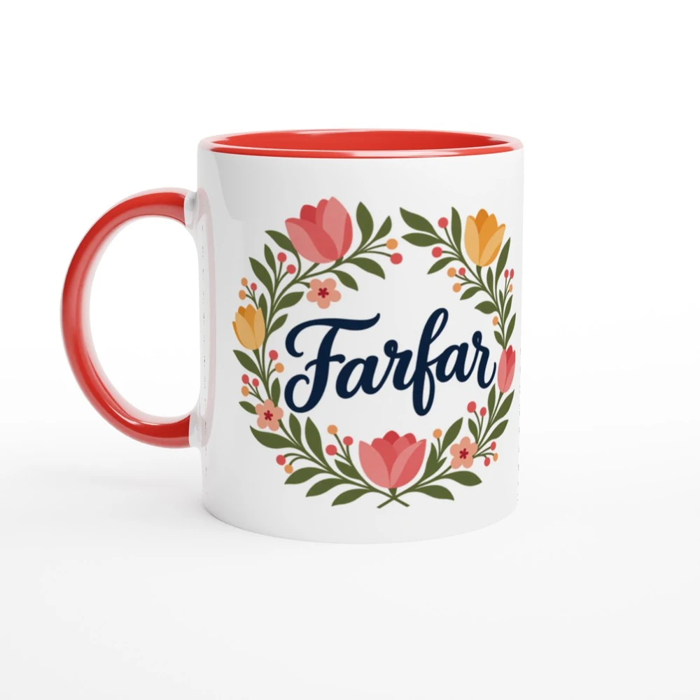 Mugg – Farfar – blomsterkrans, röd