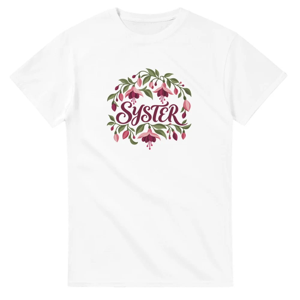 T-shirt – Syster – fuchsia, vit – stort motiv på bröstet