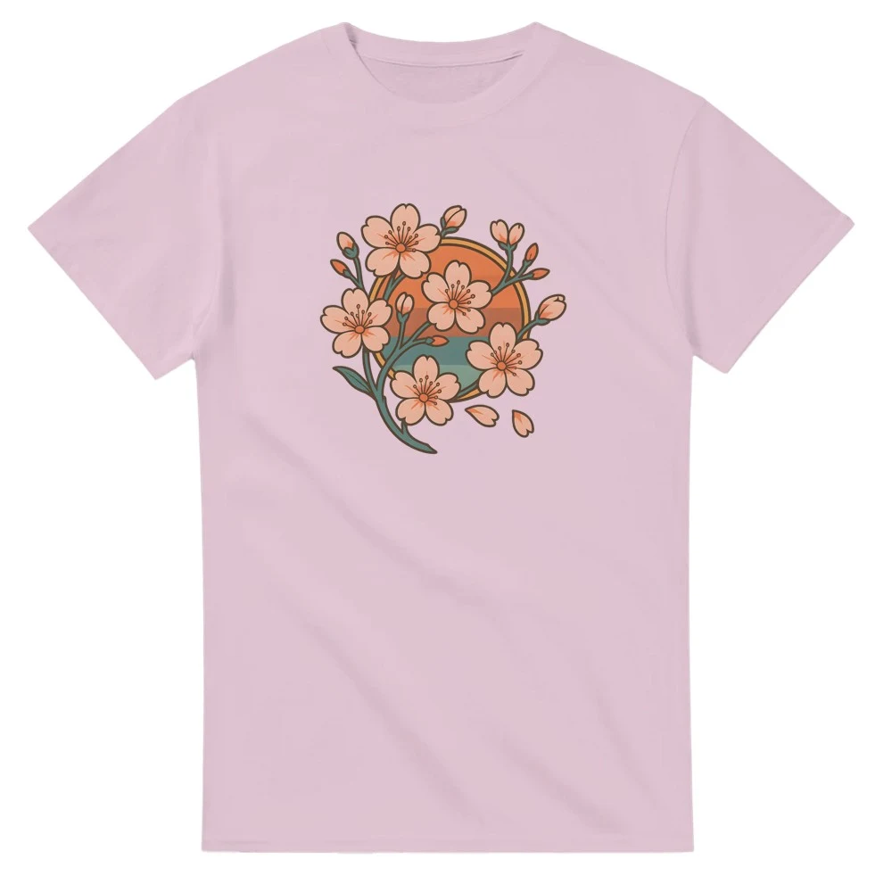 T-shirt körsbärsblommor retro solnedgång, ljusrosa