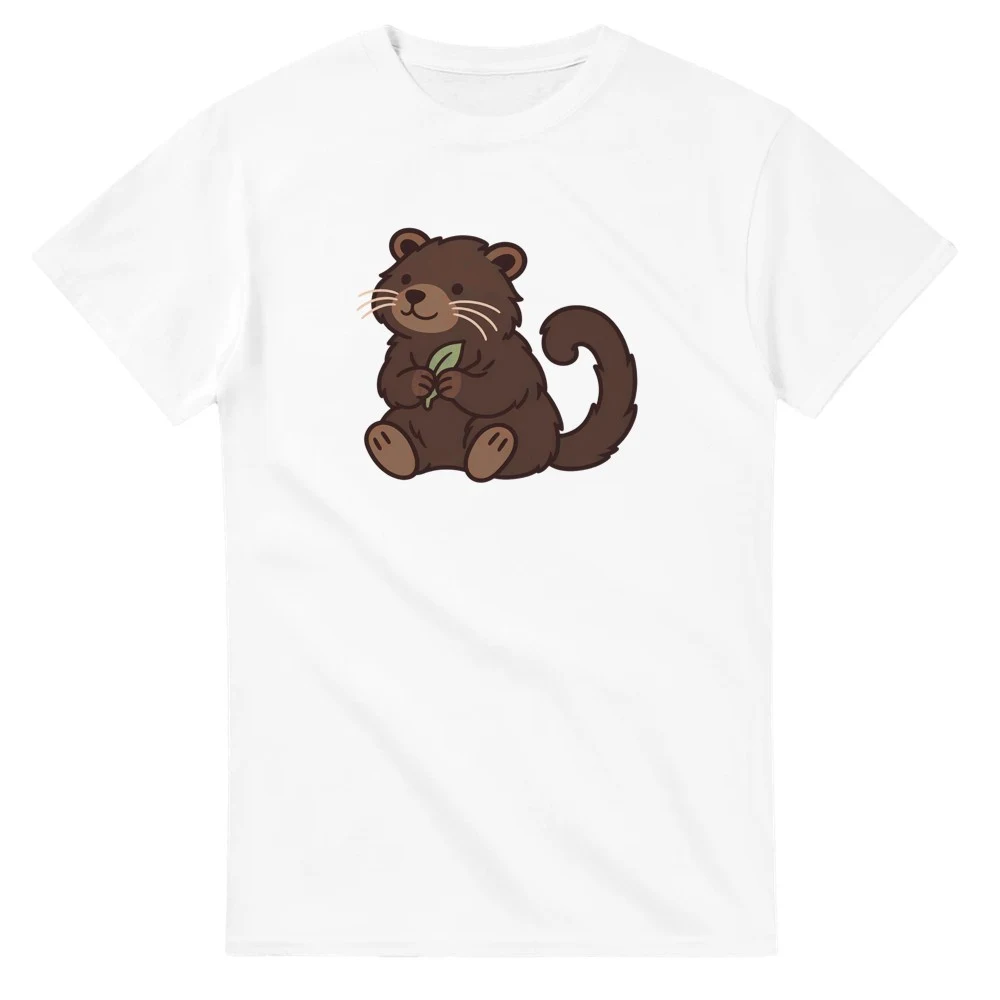 T-shirt – Binturong med blad, vit – stort motiv på bröstet