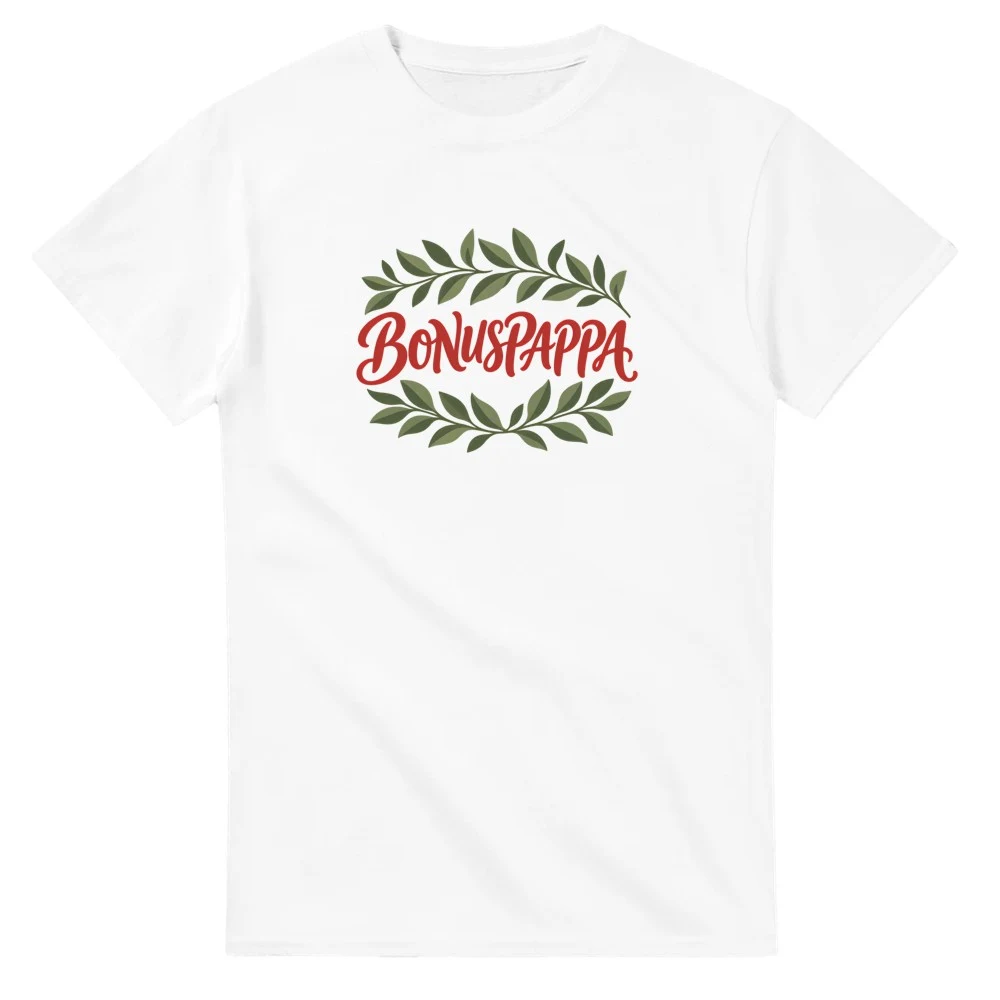T-shirt – Bonuspappa – lager, vit – stort motiv på bröstet